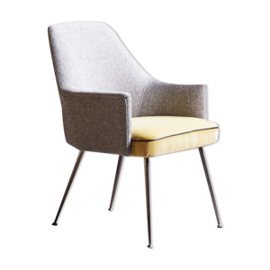 Fauteuil vintage gris et jaune avec accoudoir sur pieds compas en acier, circa 1960