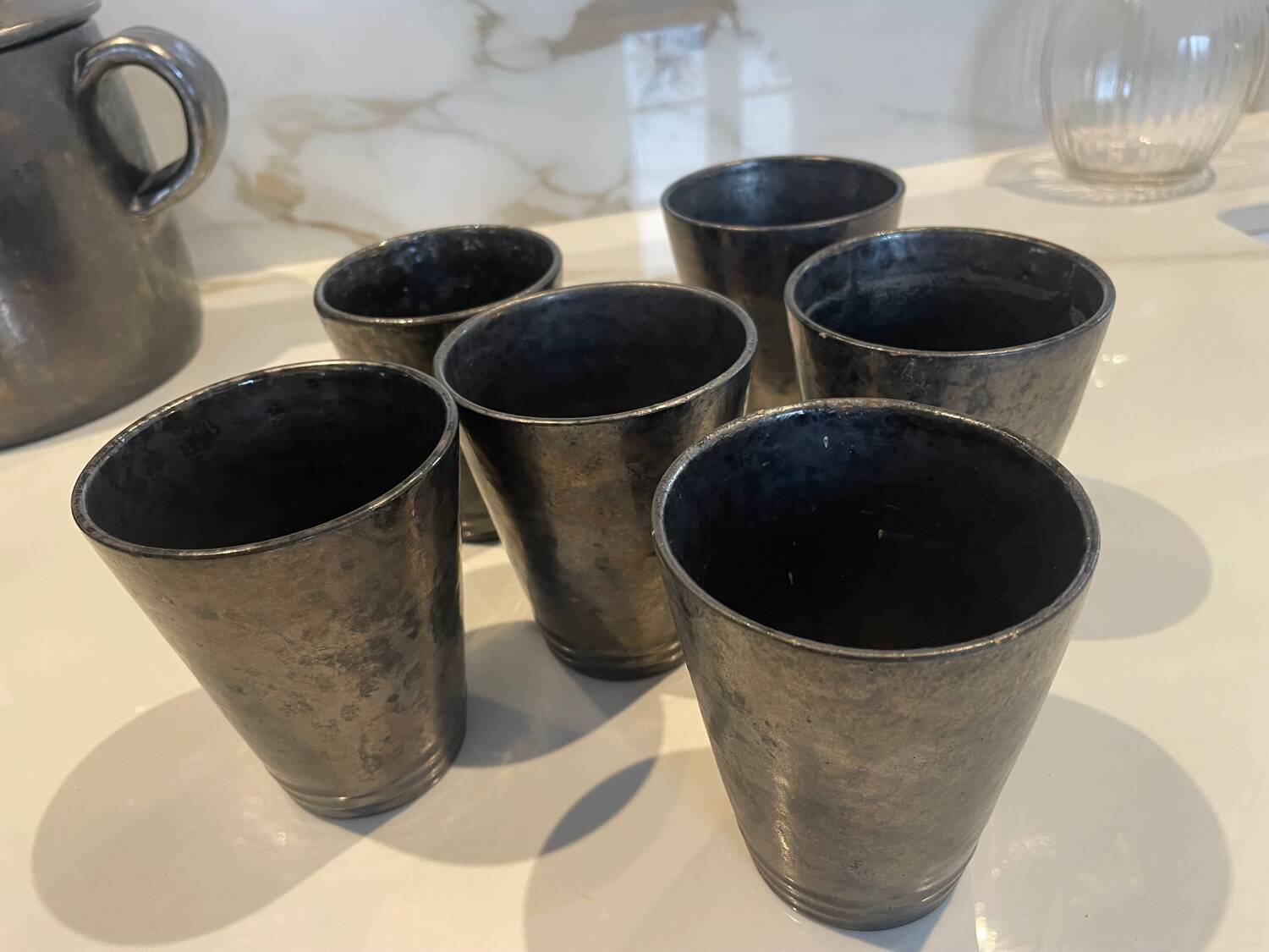 Vallauris service, the pottery of the great oak. Black metal glazed ceramics.