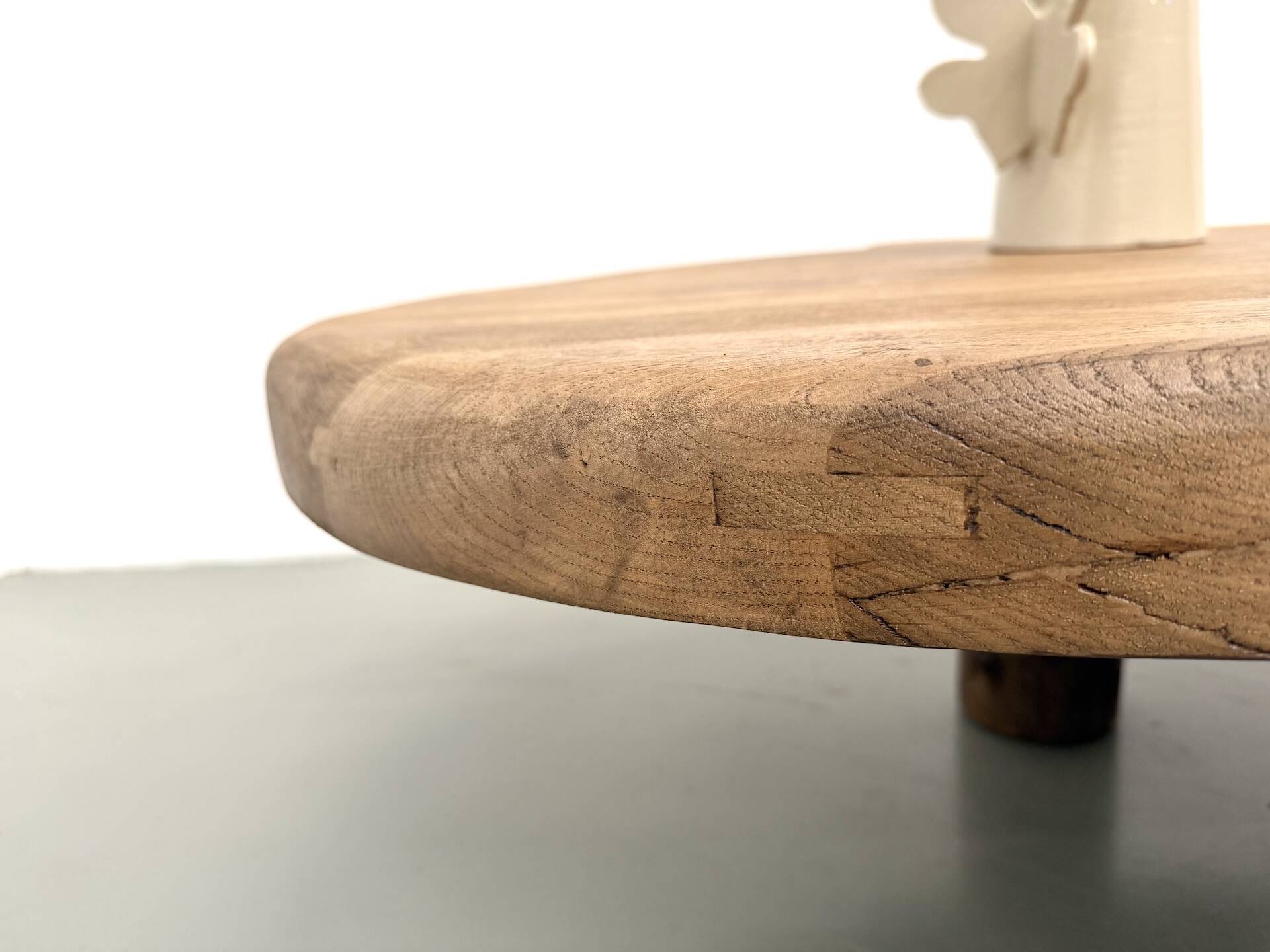 XXL oval coffee table in solid oak, cylindrical base, 1950s.