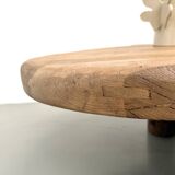 XXL oval coffee table in solid oak, cylindrical base, 1950s.