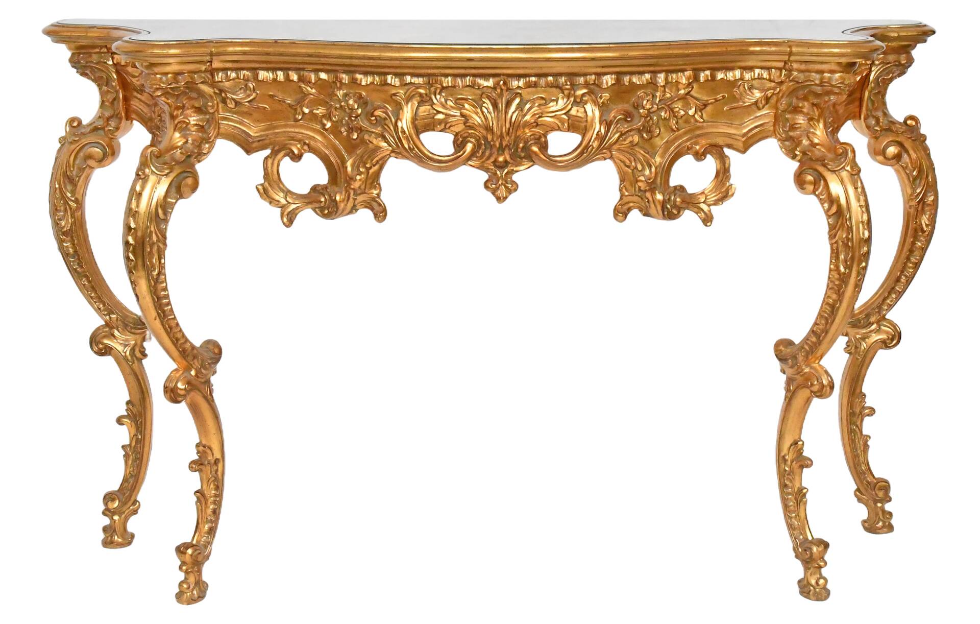 Console with a gilded wooden mirror.