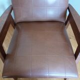 Scandinavian brown skai and wood armchair