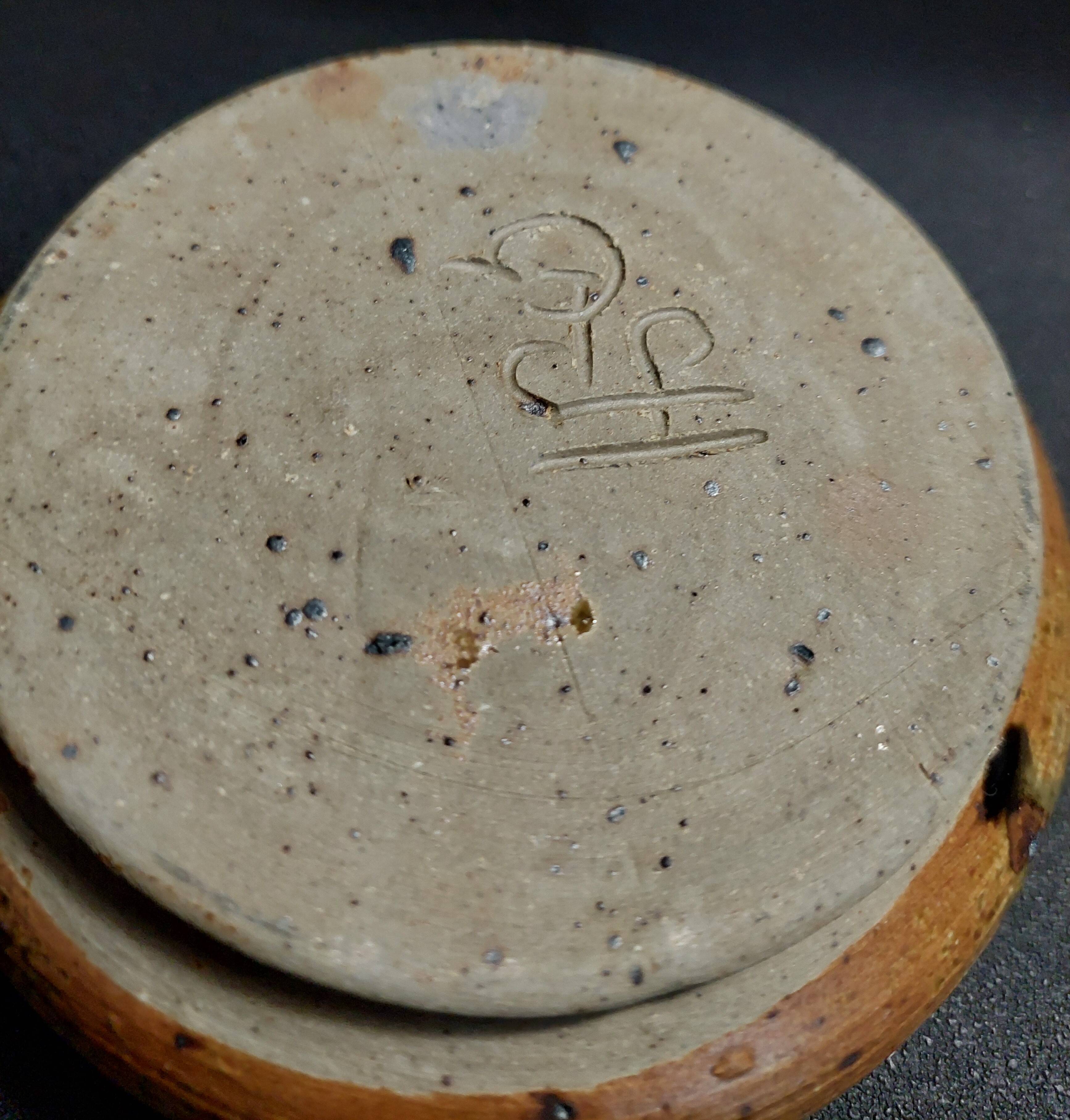 Pyrite stoneware fondue pot pan signed JPG Puisaye 20th century