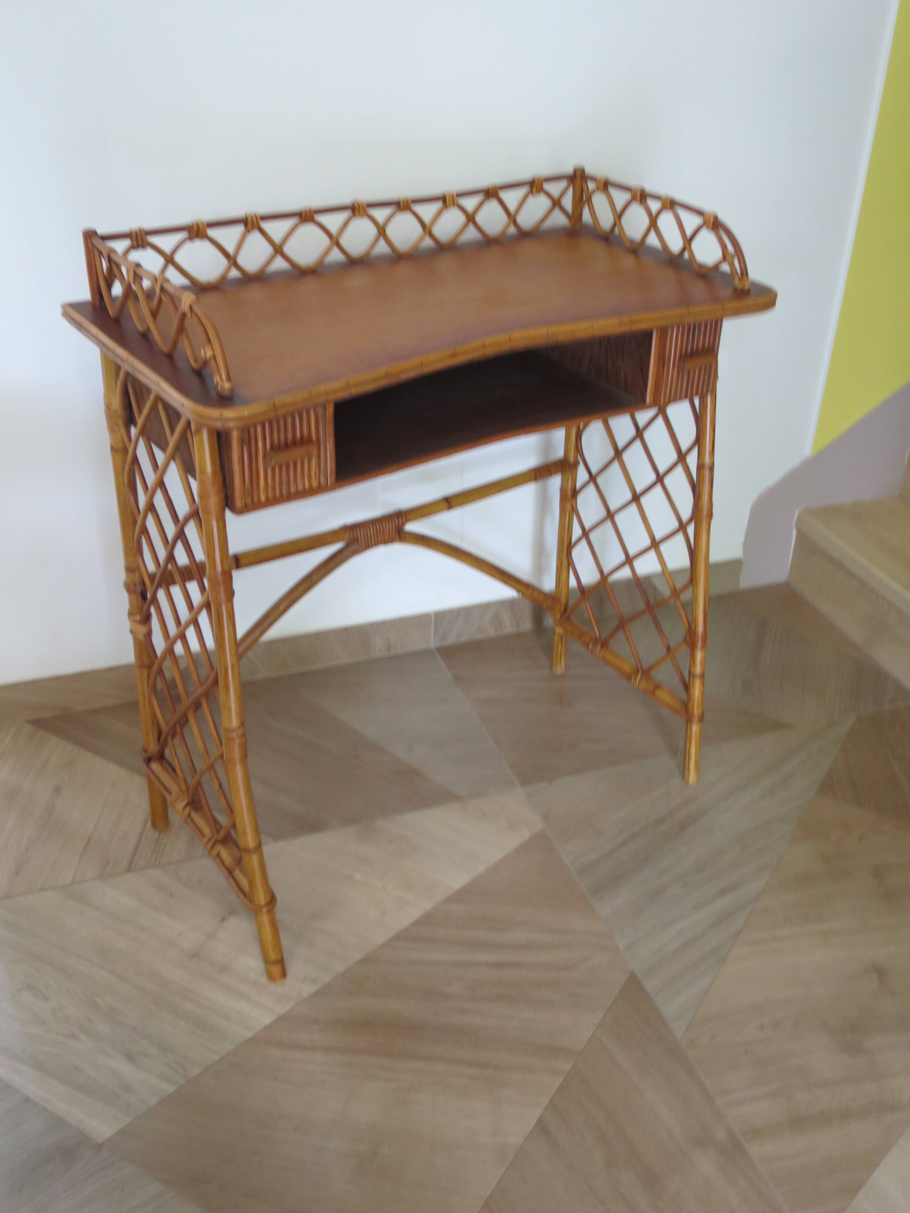 Vintage – beautiful Retro desk in bamboo wood, rattan and glass – 2 drawers – 60s – L.Sognot inspiration