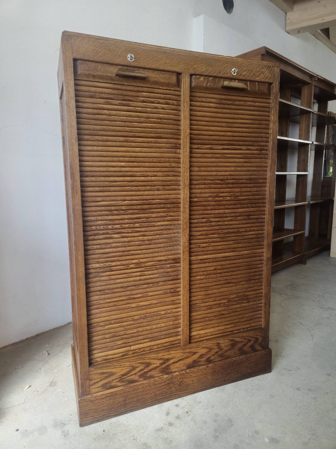 Antique 1950s double sliding door filing cabinet with curtains