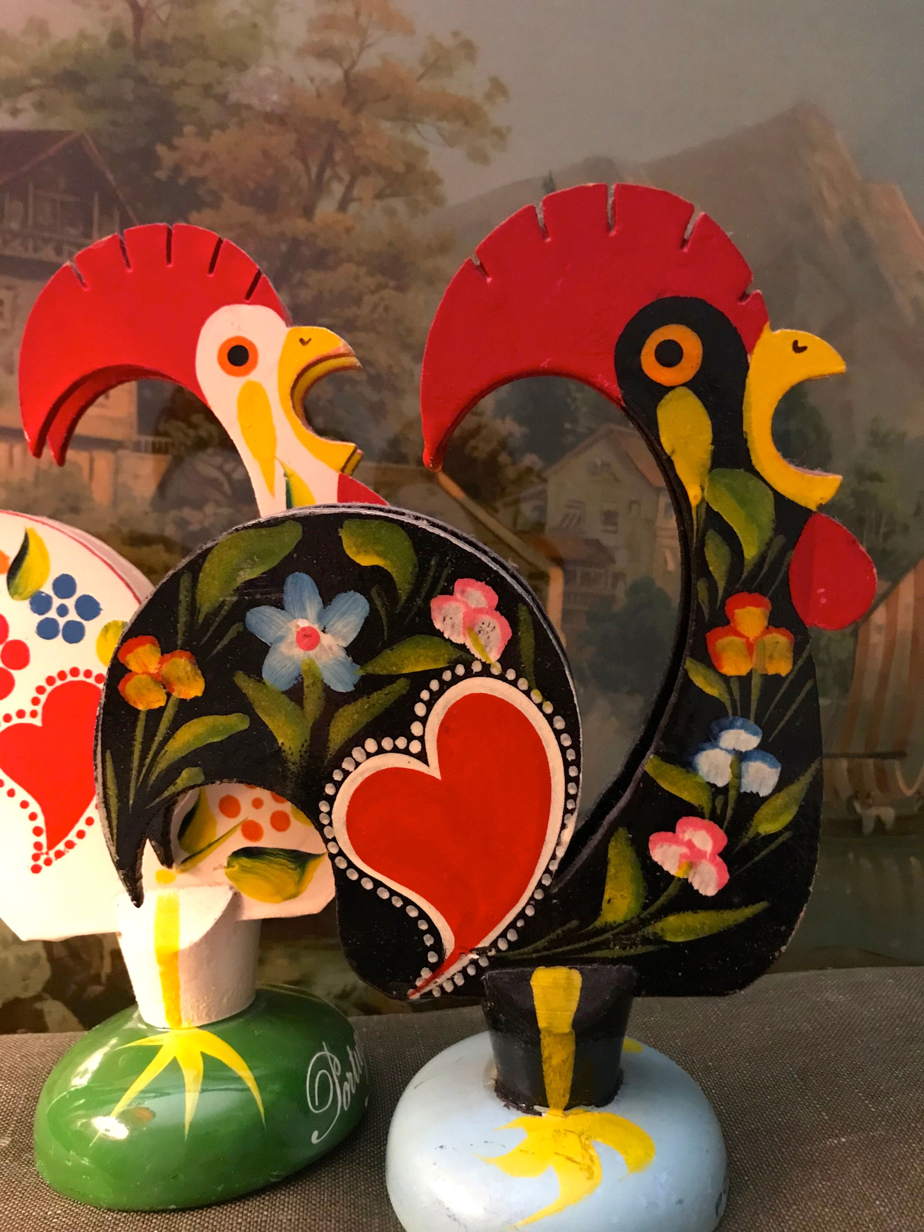 Retro wooden roosters vintage red green black and white Portugal