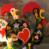Retro wooden roosters vintage red green black and white Portugal