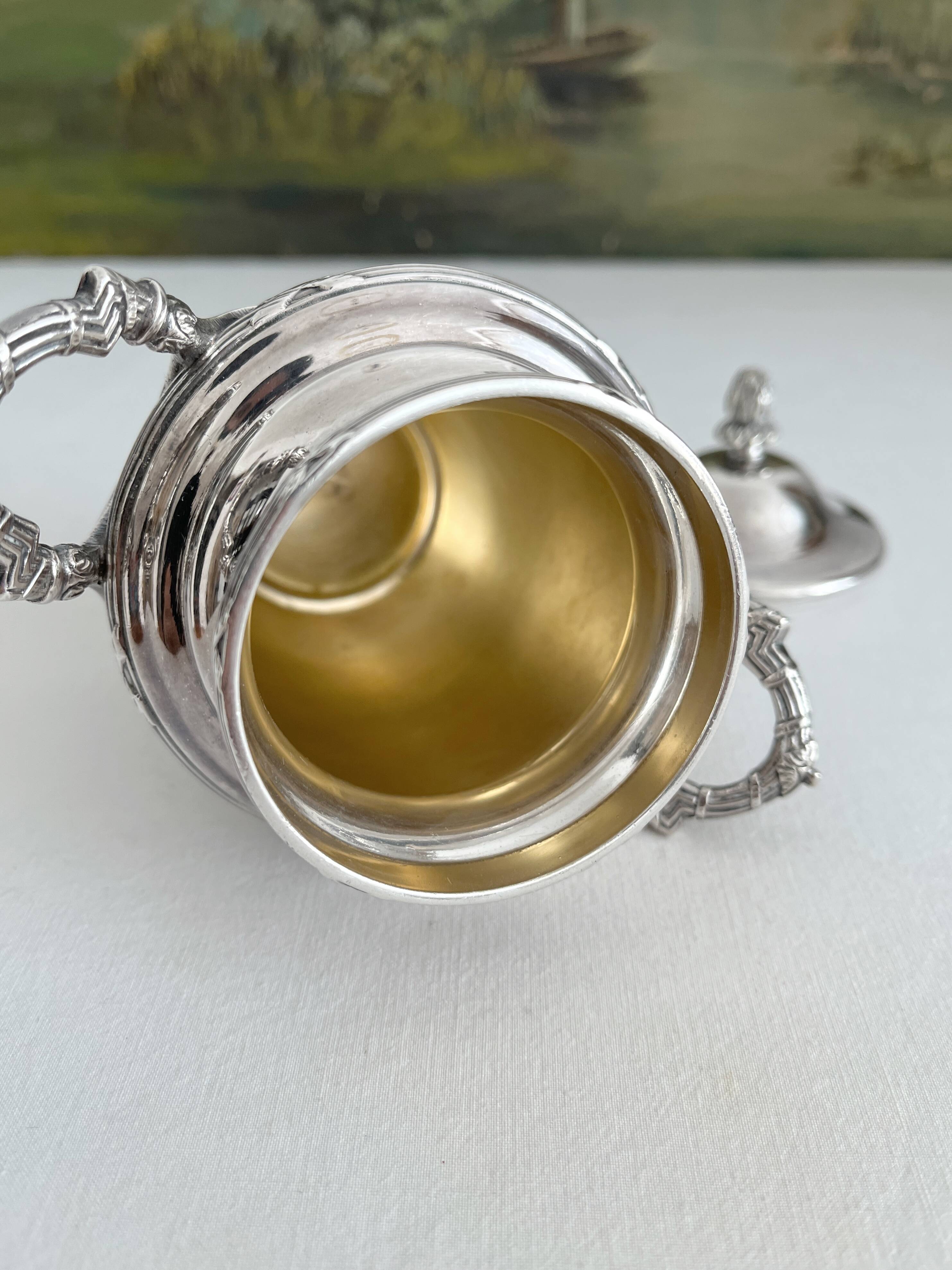 Antique monogrammed silver-plated metal sugar bowl