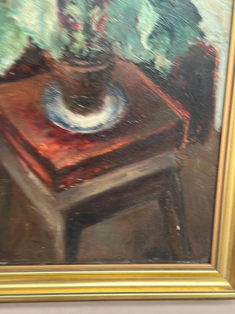 Original Swedish Oil on Panel - "Cineraria i Kruka" by Elna Jacobsson - Signed - Vintage and Framed - 48 × 43.5 cm (18.9" × 17.1")