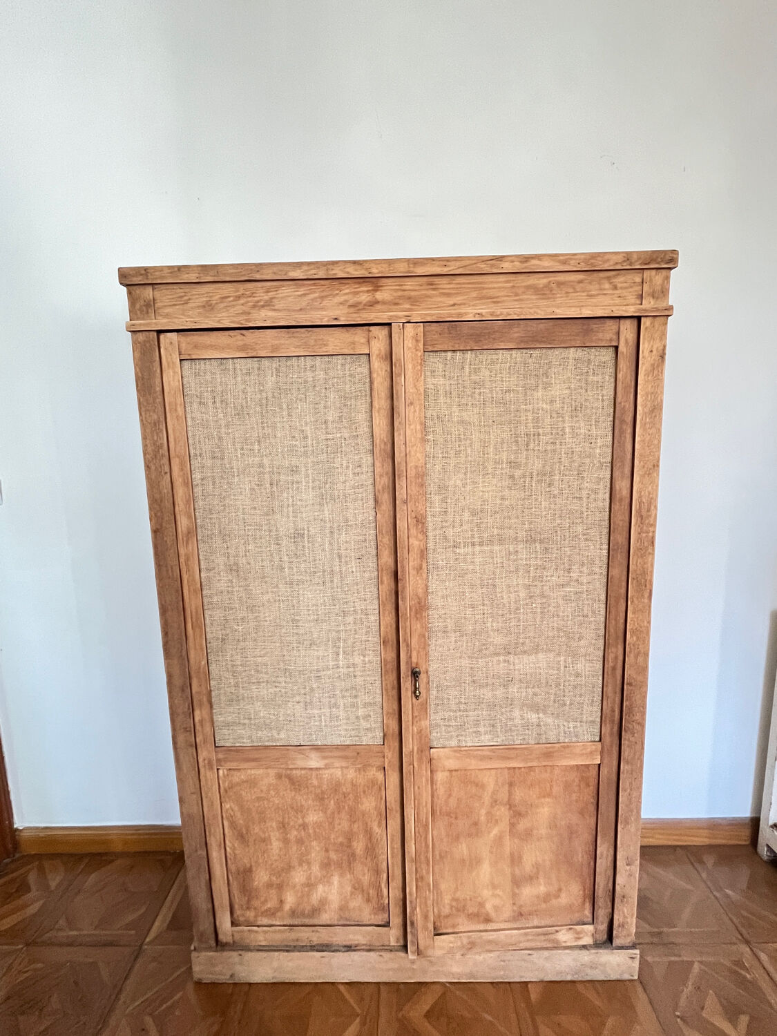 Raw wood cabinet & burlap