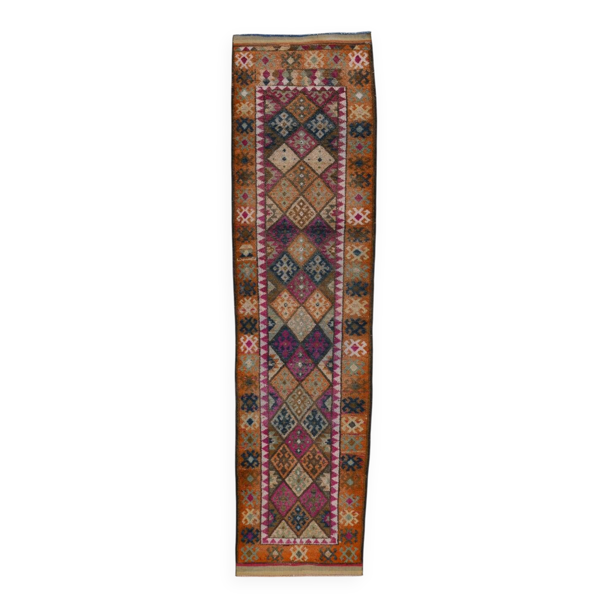 Blue Pink Geometric Oushak Runner Rug, 80x302Cm