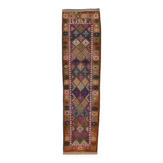 Blue Pink Geometric Oushak Runner Rug, 80x302Cm