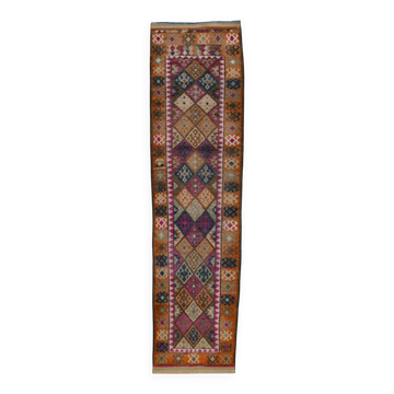 Blue Pink Geometric Oushak Runner Rug, 80x302Cm
