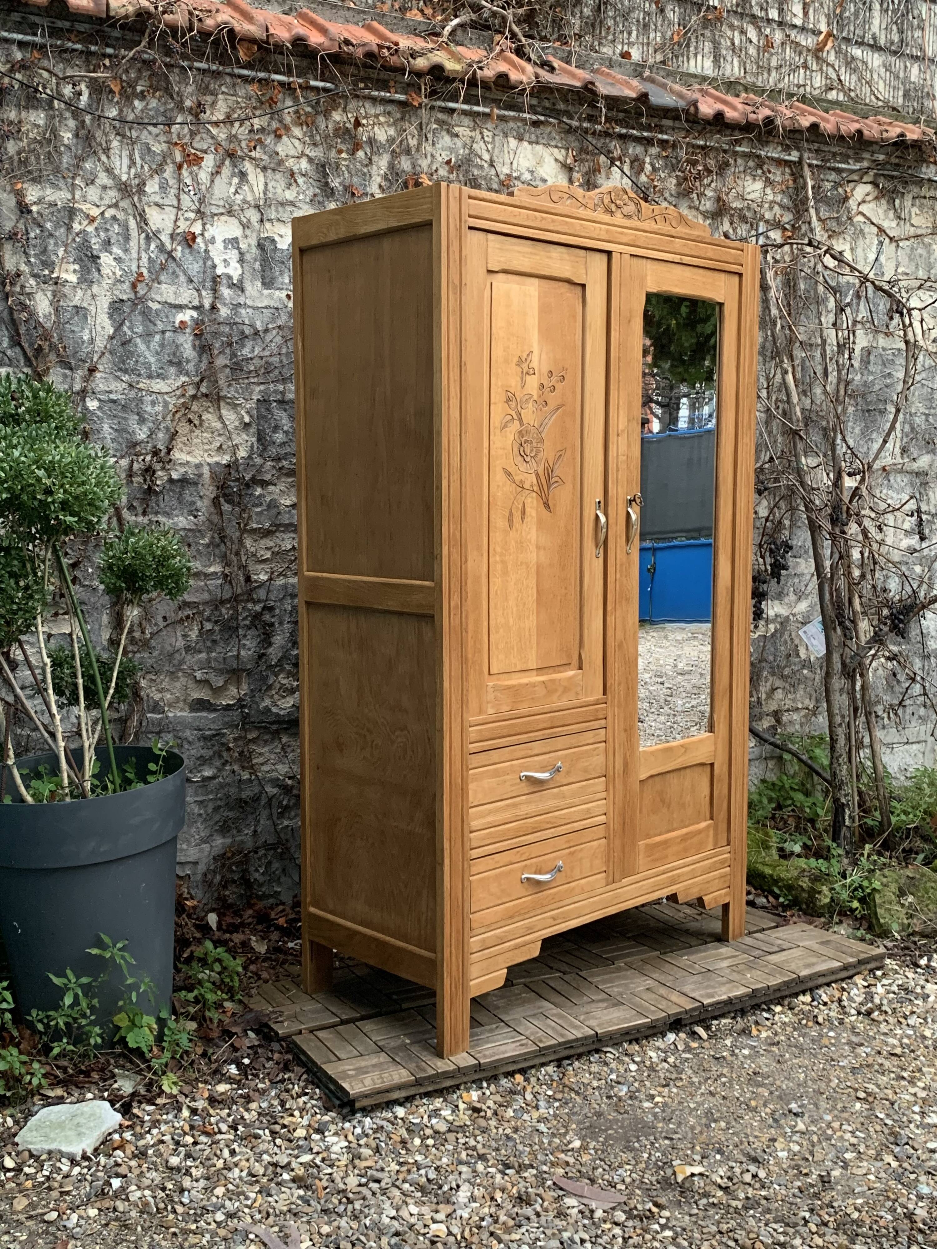 Parisian art deco hotel wardrobe in solid raw oak 1930