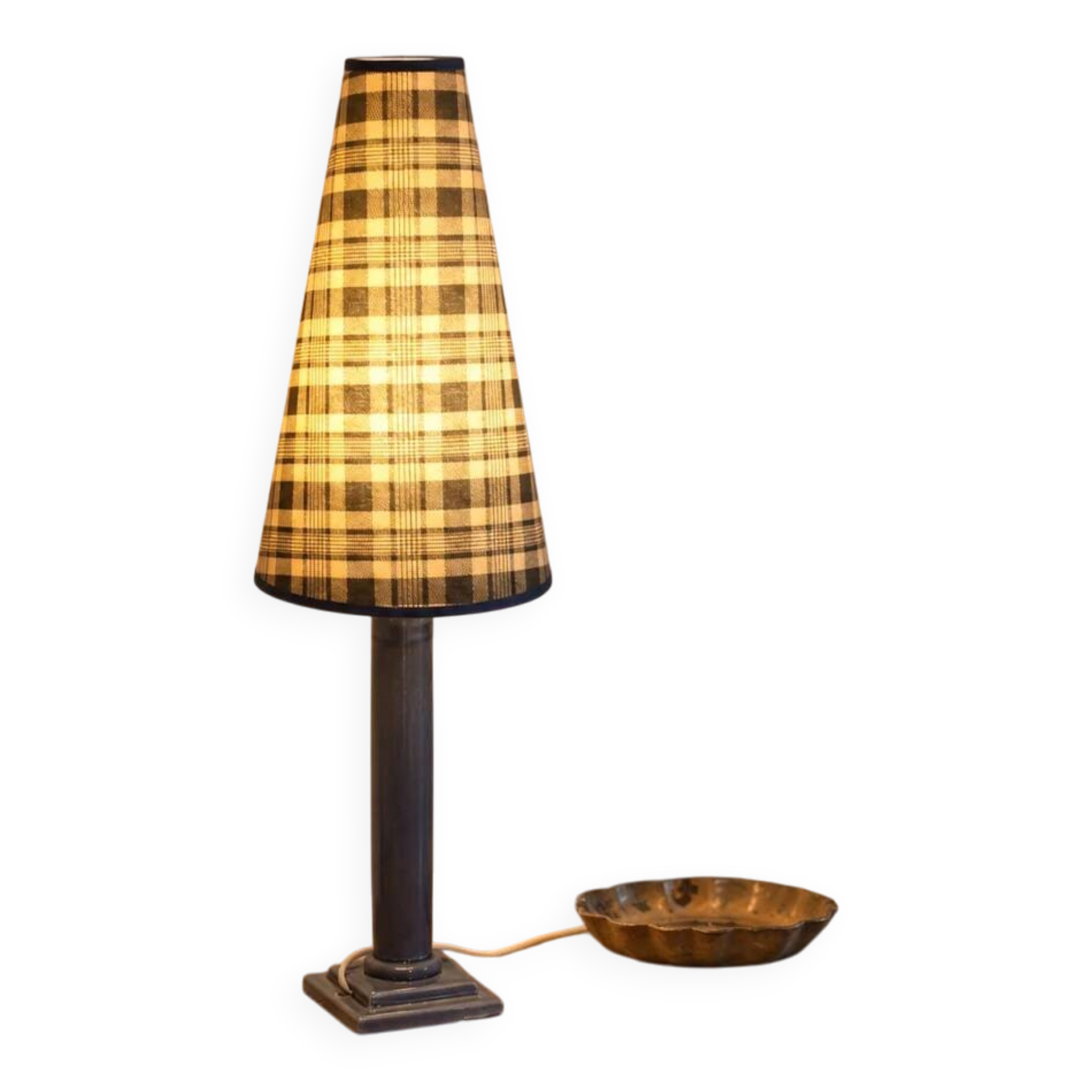 Vintage table lamp in bluish grey ceramic – Conical lampshade in Scottish tartan – 1970s/80s