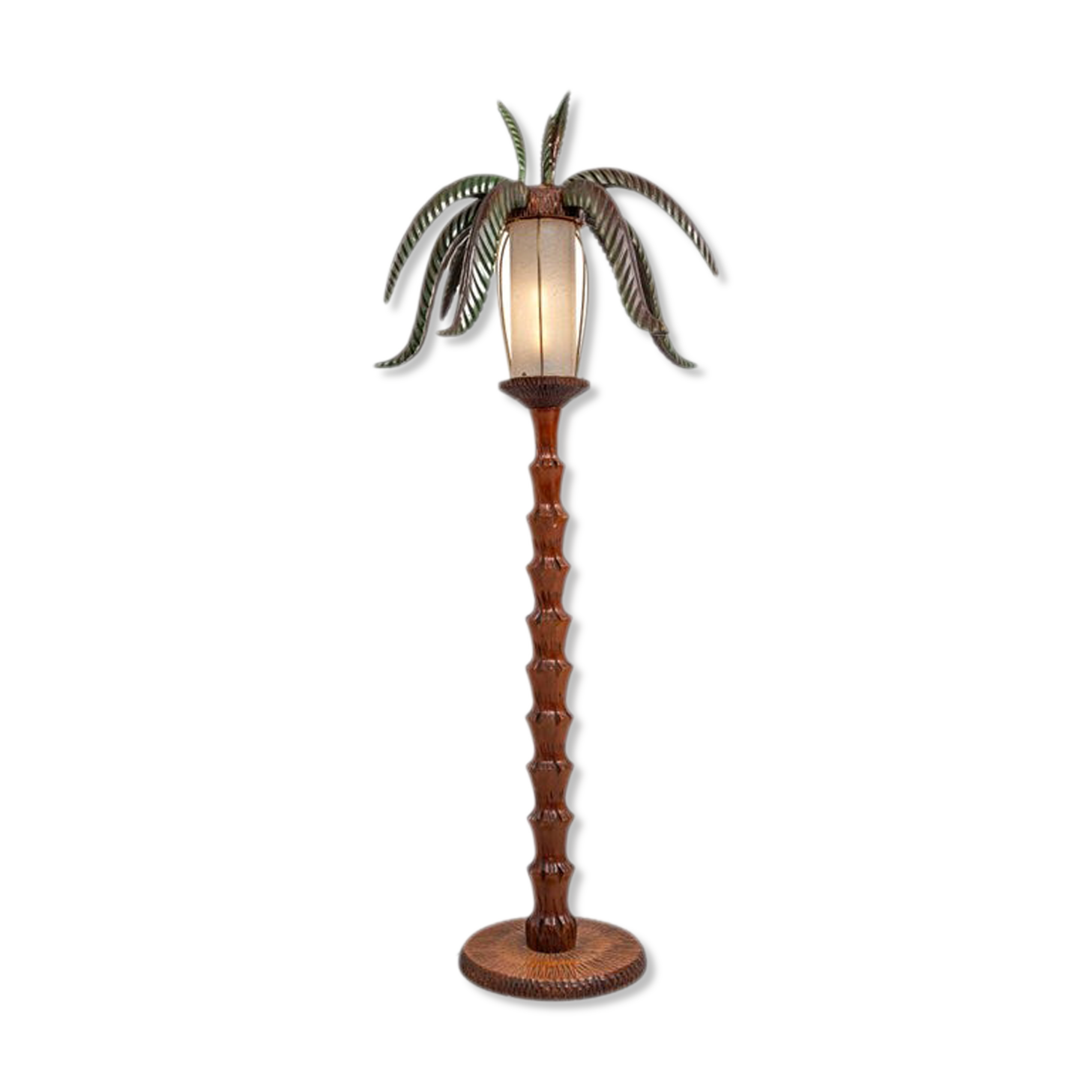 Palm floor lamp carved hand in wood and skin 1970s