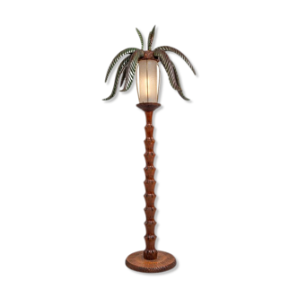 Lampadaire palmier sculpté main en bois et peau années 1970