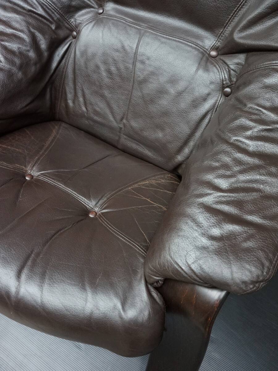 Brutalist brown Leather low Lounge Chair, Norway 1970s