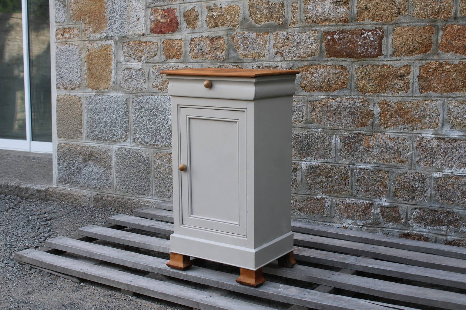 Renovated antique bedside table – Greige Galuchat, wooden top – houseboat style