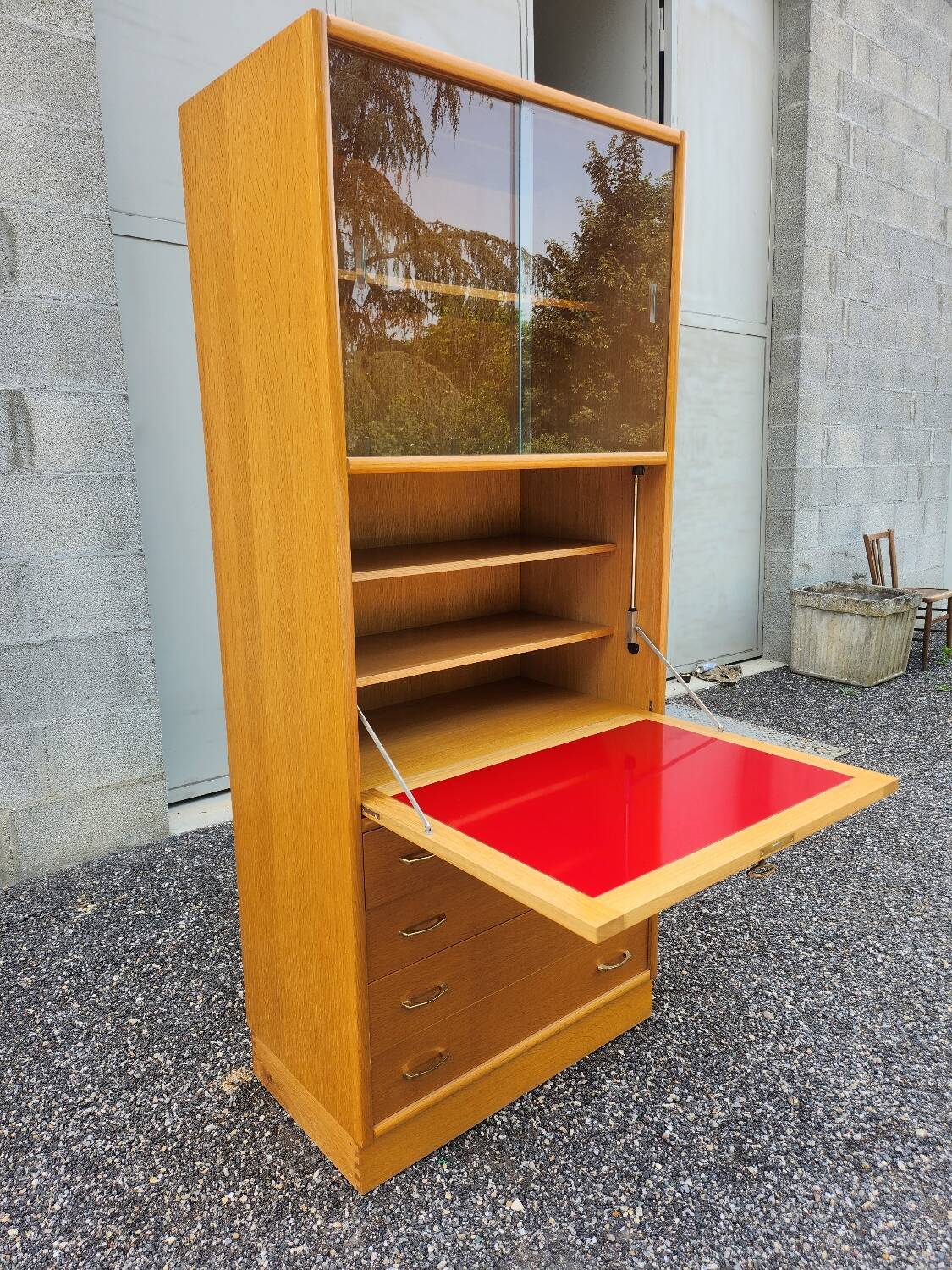 Old vintage rattan oak secretary desk bookcase