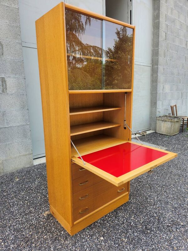 Secrétaire, bibliothèque vintage en rotin et chêne