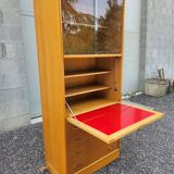 Secrétaire, bibliothèque vintage en rotin et chêne