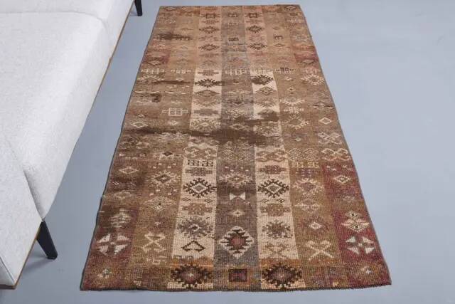 Vintage Turkish Hand-Knotted Wool Cotton Brown Runner 94x203