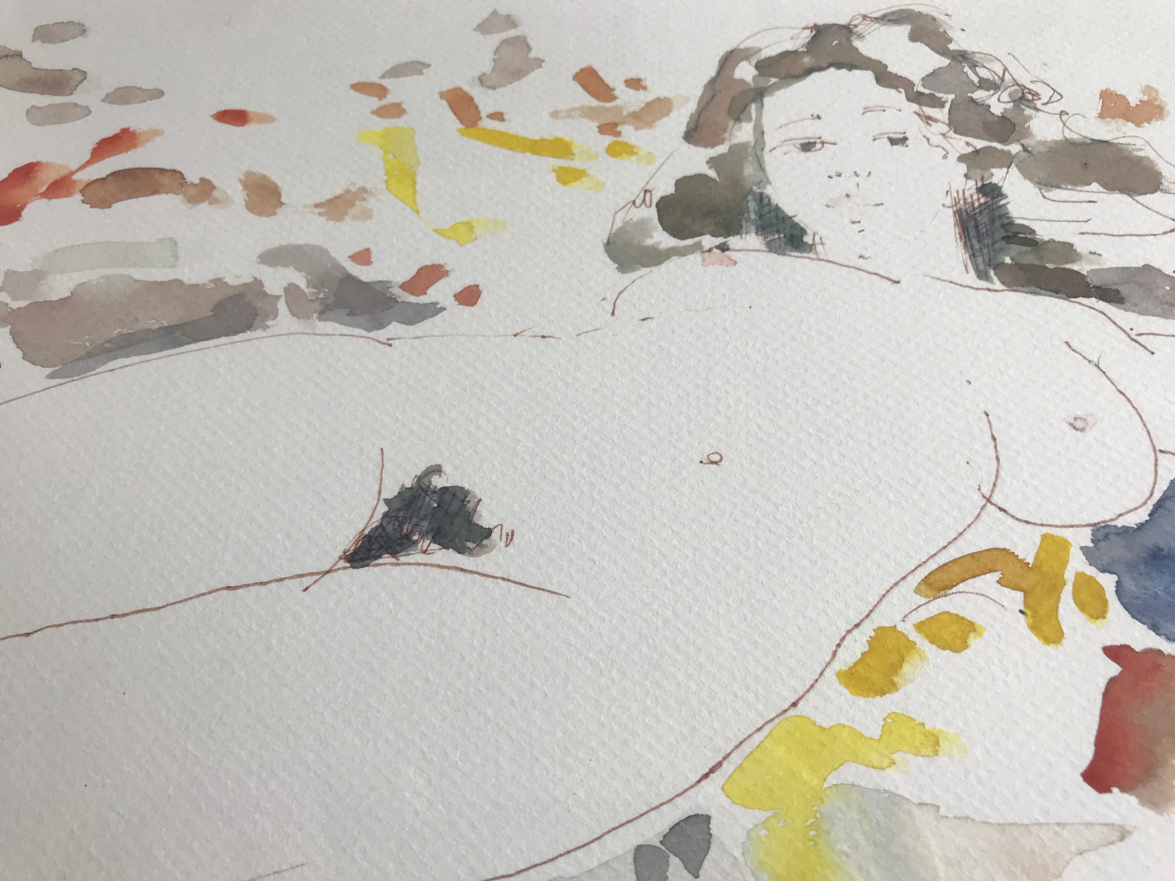 Watercolor in colors signed by alain bonnefoit, nude elongated, 2015