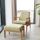 Set of Scandinavian Lounge Chair and footrest Olive corduroy Classic Design