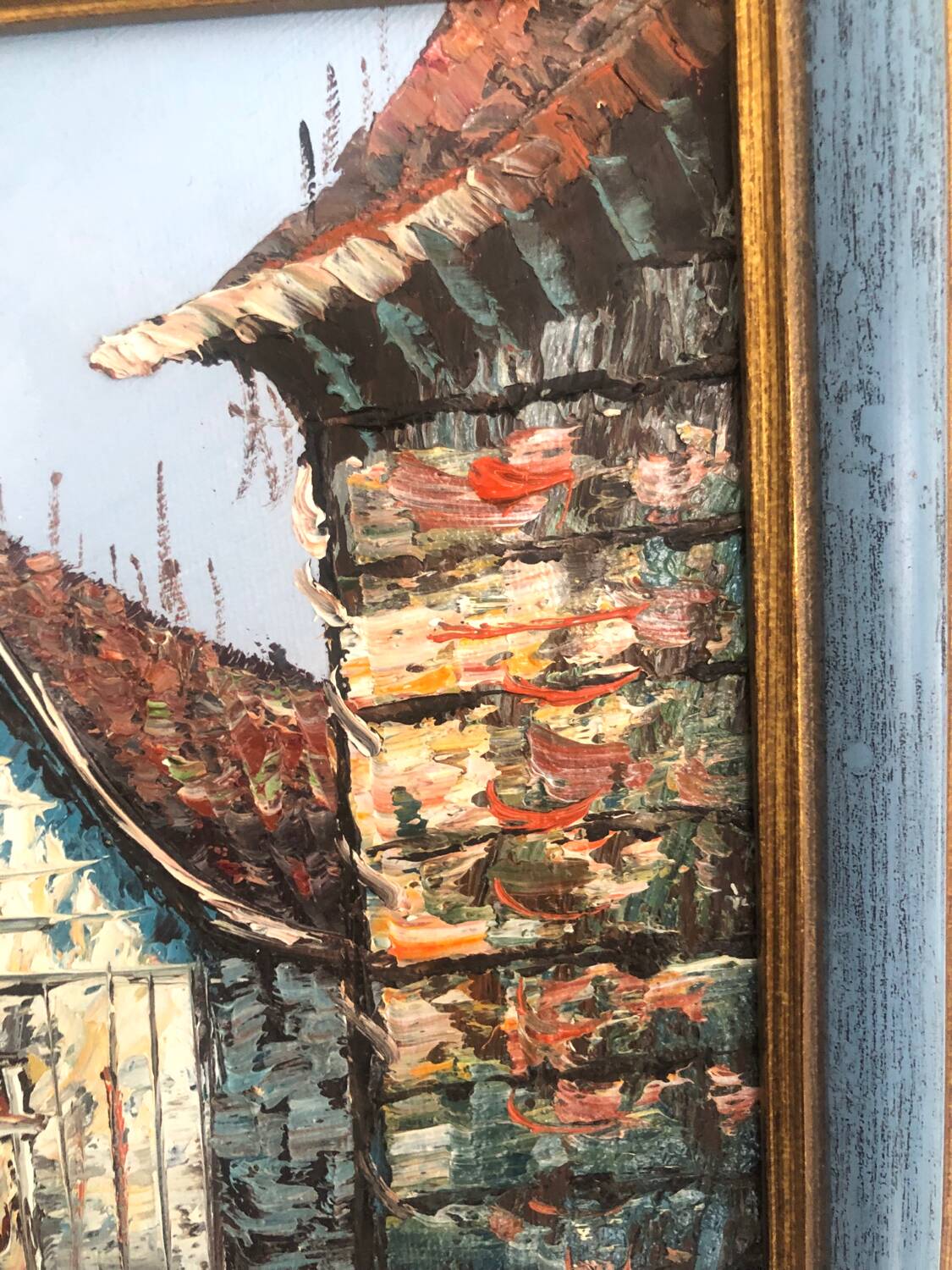 Oil painting on canvas Marine, Boat at the quay signed Florence
