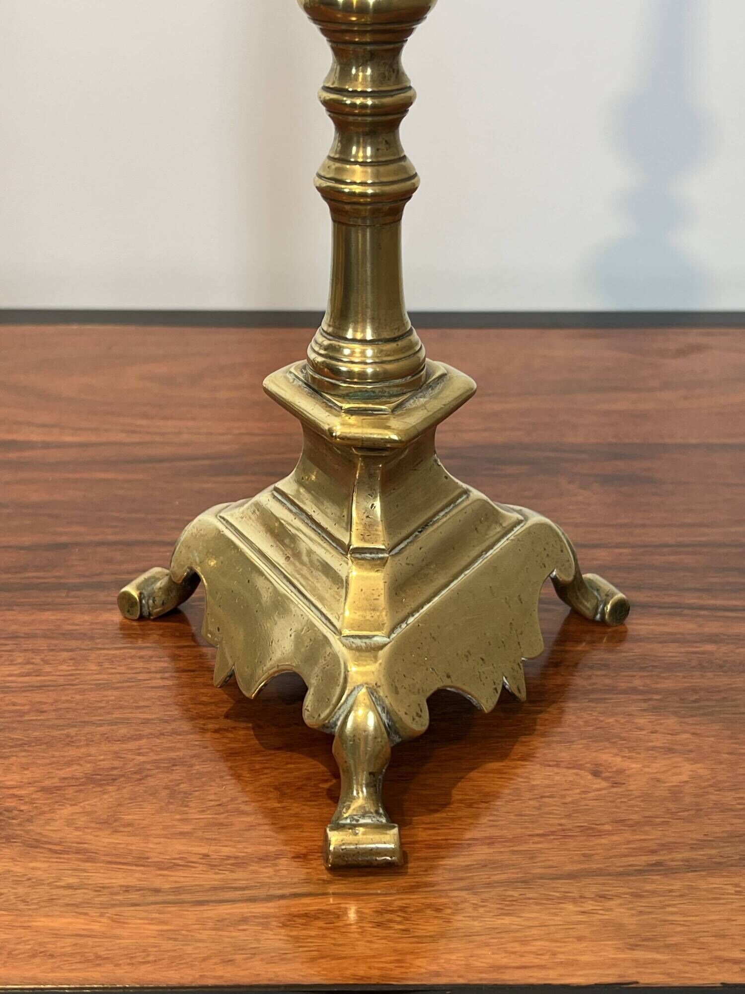 Pair of Large Brass Altar Candlesticks with Baluster Shaft and Tripod Base
