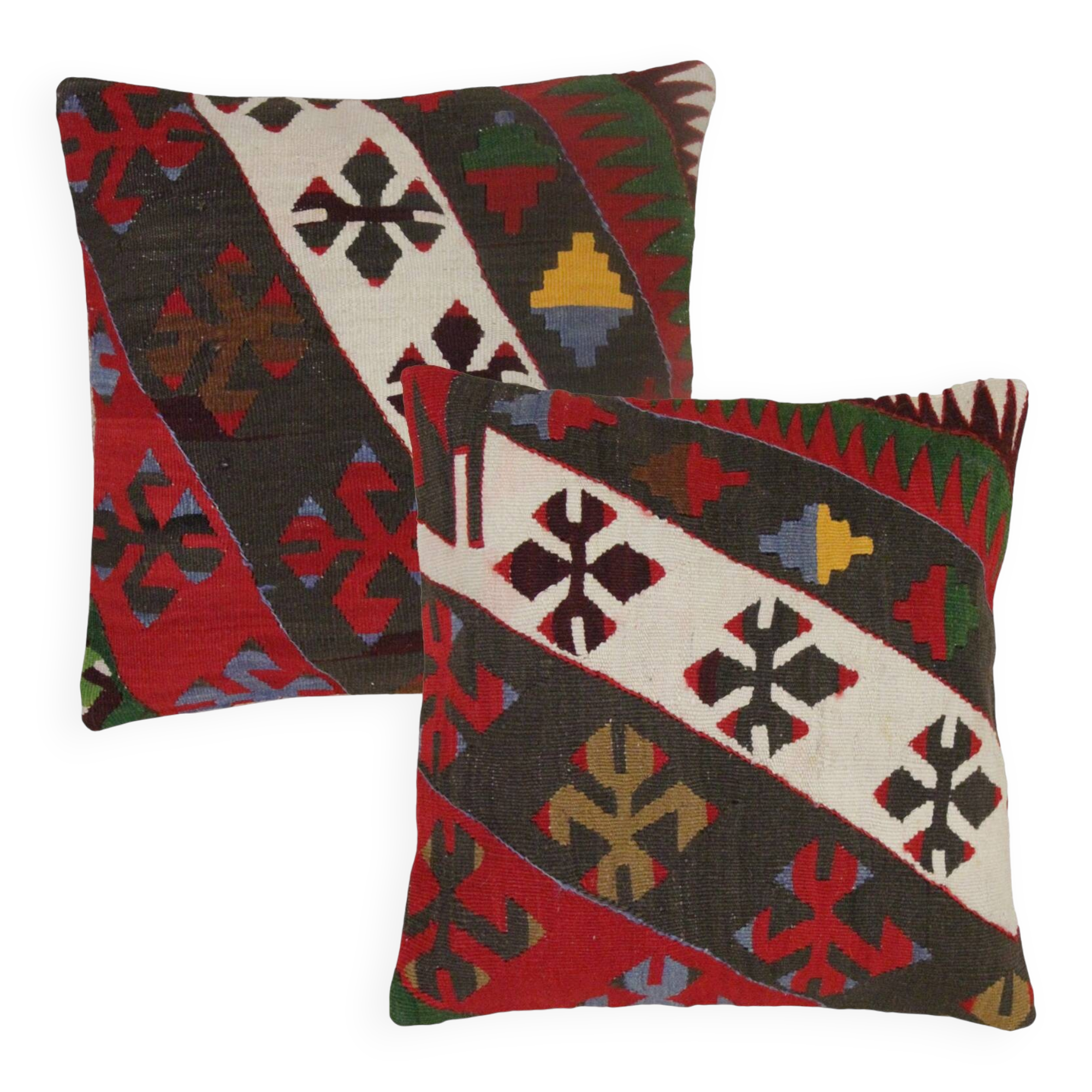 A Pair of Antique Turkish Flatwoven Kilim Cushion Cover, Geometric Pillow