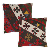 A Pair of Antique Turkish Flatwoven Kilim Cushion Cover, Geometric Pillow