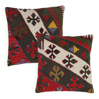 A Pair of Antique Turkish Flatwoven Kilim Cushion Cover, Geometric Pillow