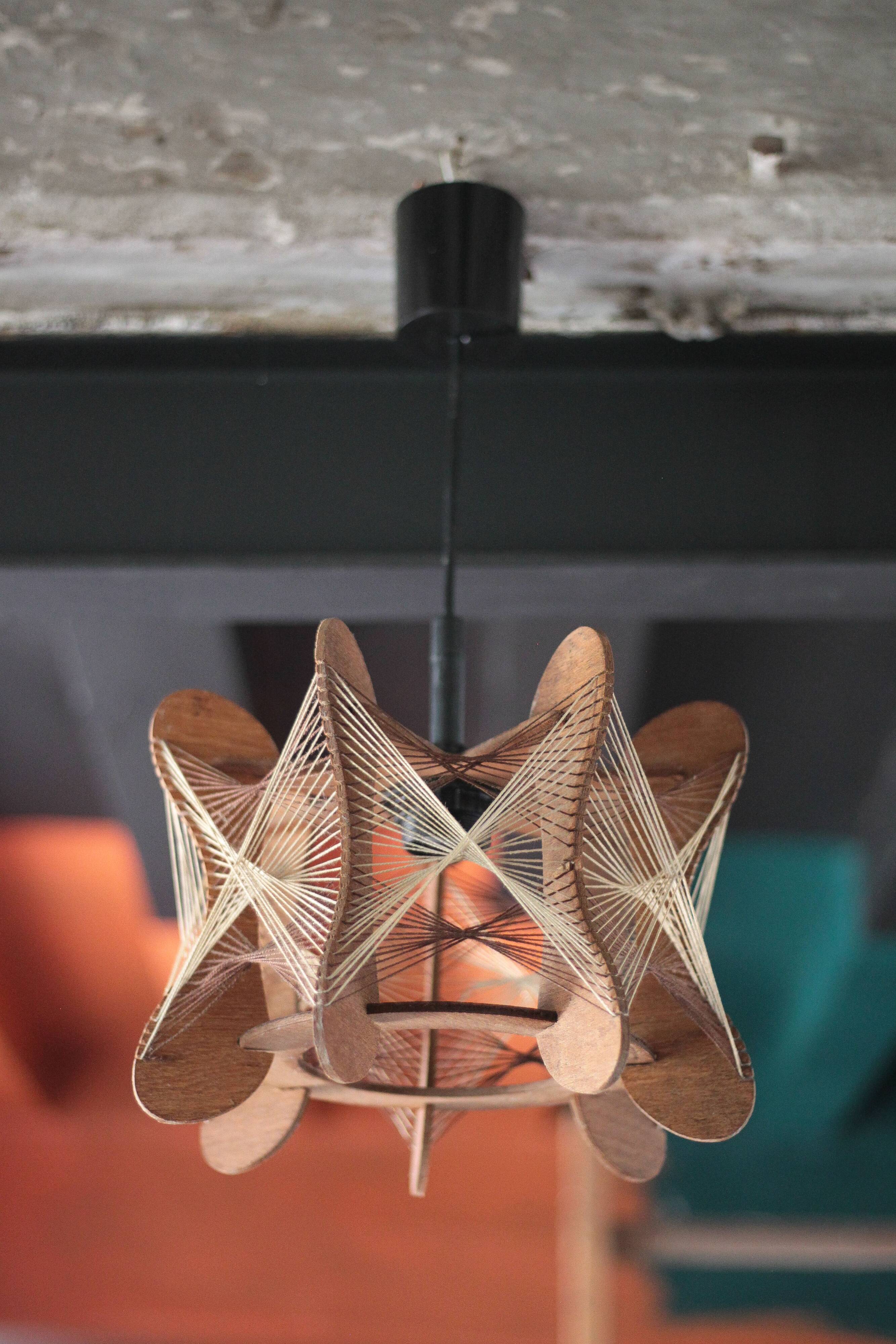 Vintage Scandinavian wooden suspension with stretched wires, chandelier, 70's lamp.