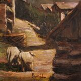 Tableau signé paysage avec berger du 20ème siècle