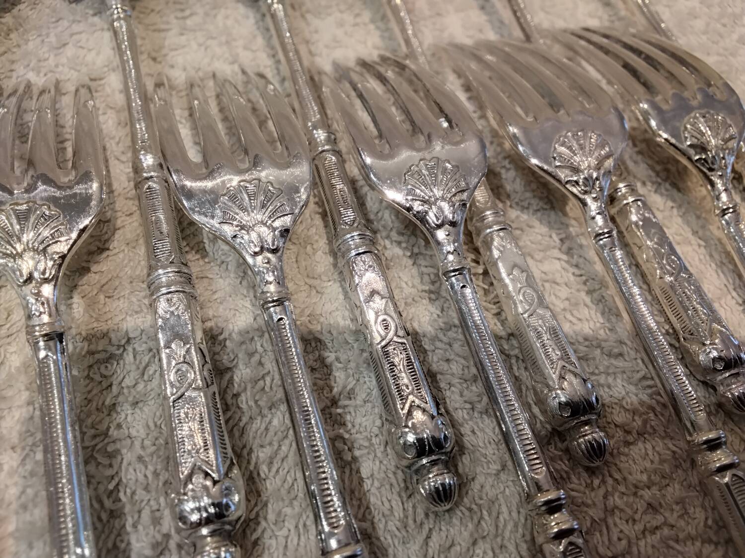 12 four-pronged lunch forks, silver-plated metal, SFAM silversmith, Russian style