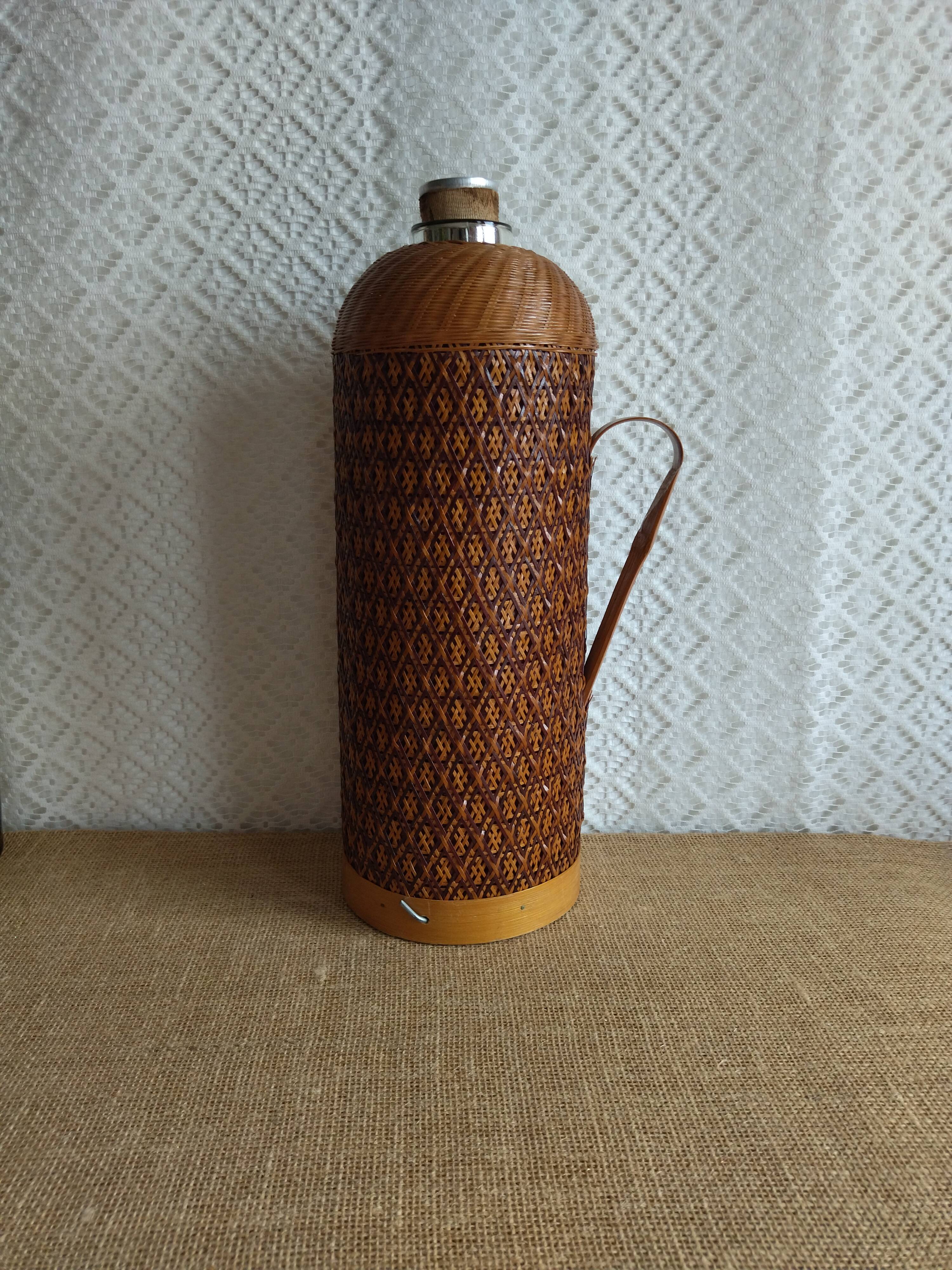 Vintage 70s rattan bamboo thermos carafe