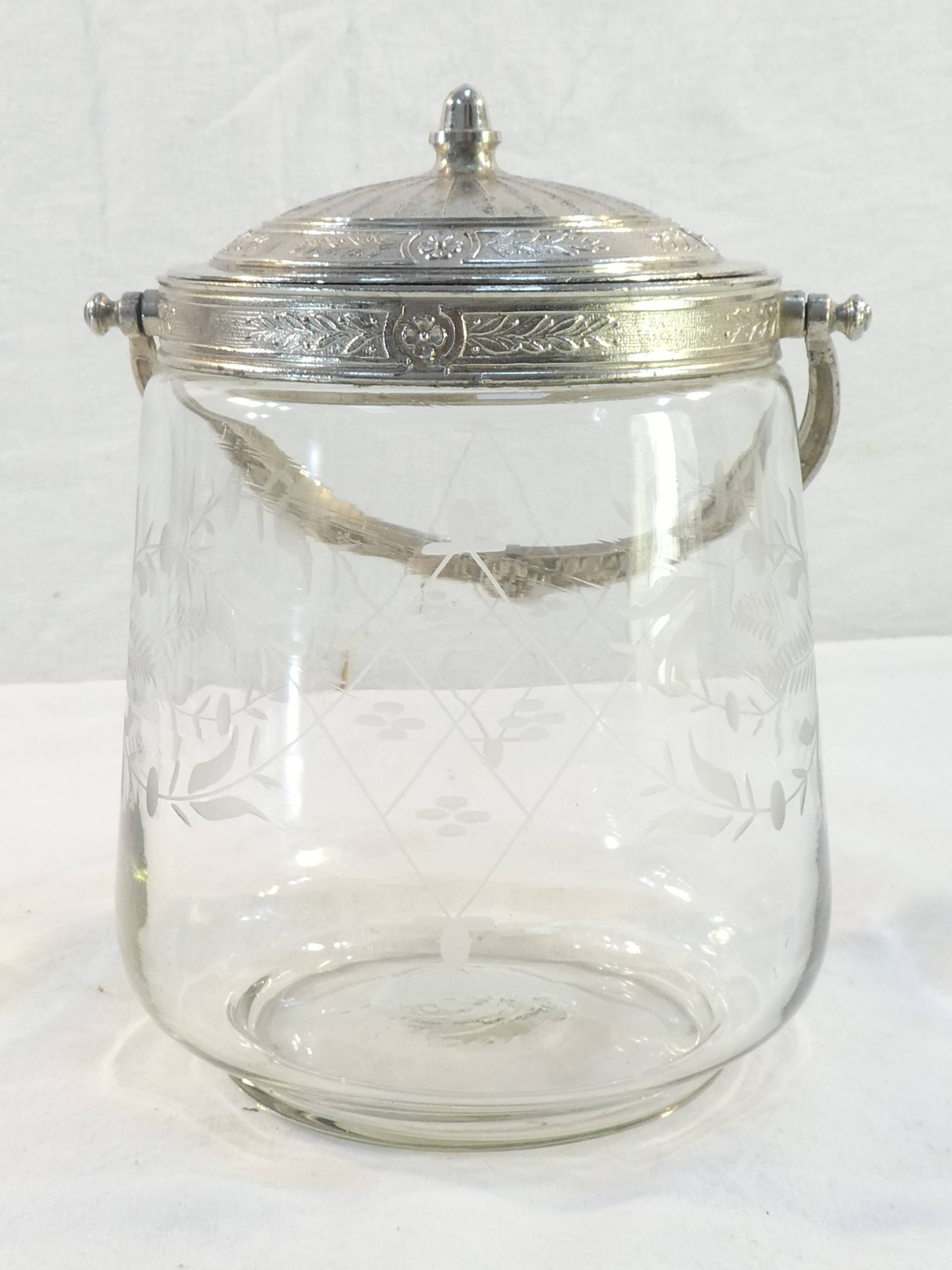 1900 glass cookie bucket engraved silver metal frame