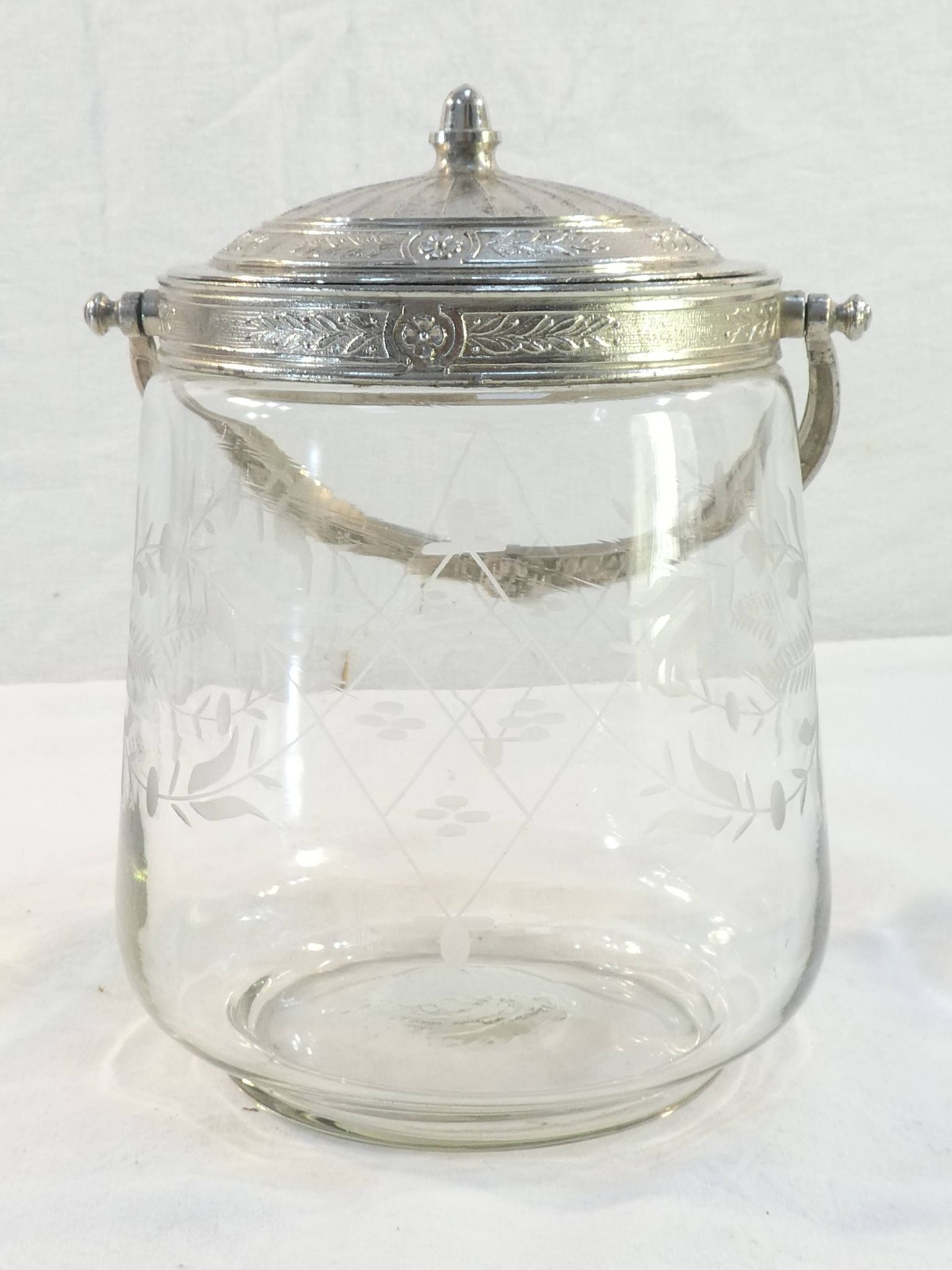 1900 glass cookie bucket engraved silver metal frame