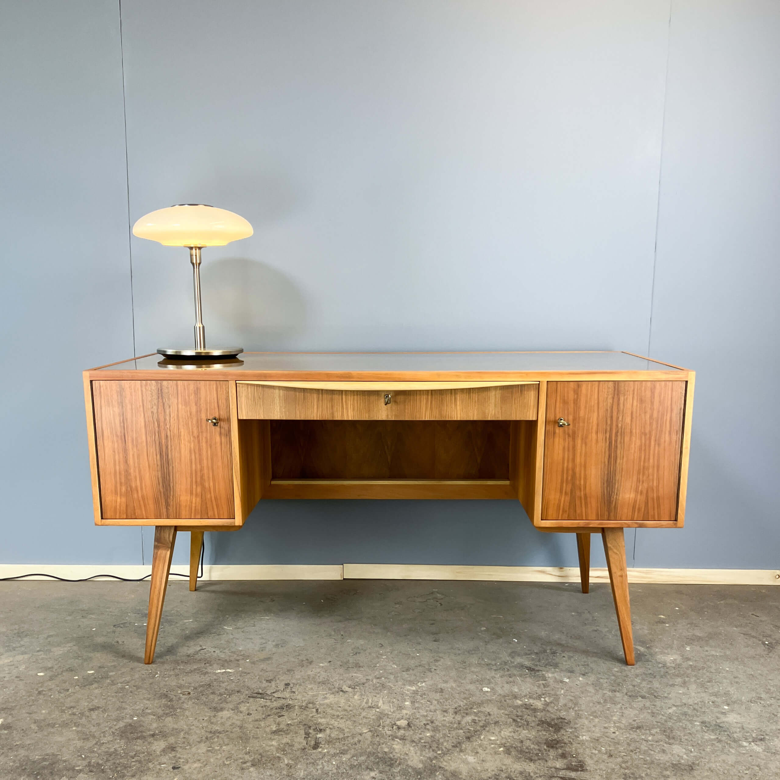 Desk with glass top, walnut, 1950s