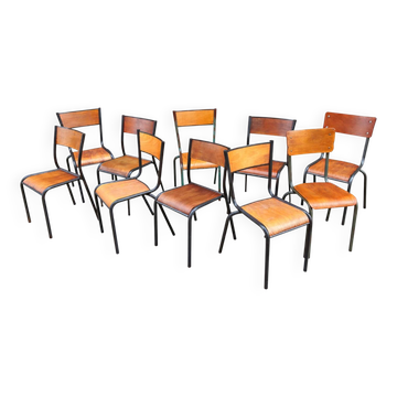 Lot of 10 mismatched vintage industrial school chairs mullca, metal & wood.