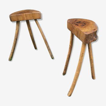 2 brutalist wooden bar stools