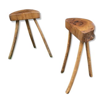 2 brutalist wooden bar stools