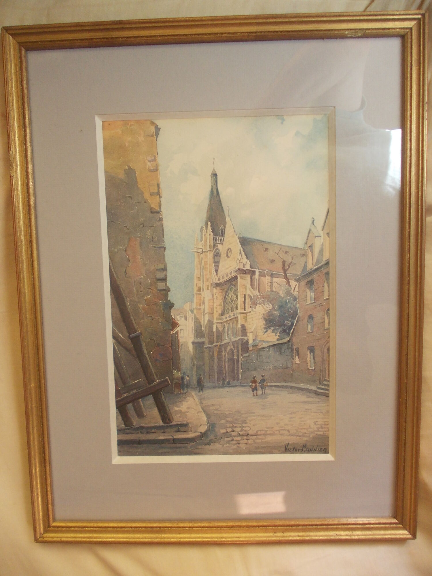 WATERCOLOR 1930 signed VICTOR MAUNIER : PARIS rue des Prêtres Saint Séverin Latin Quarter, 75, frame