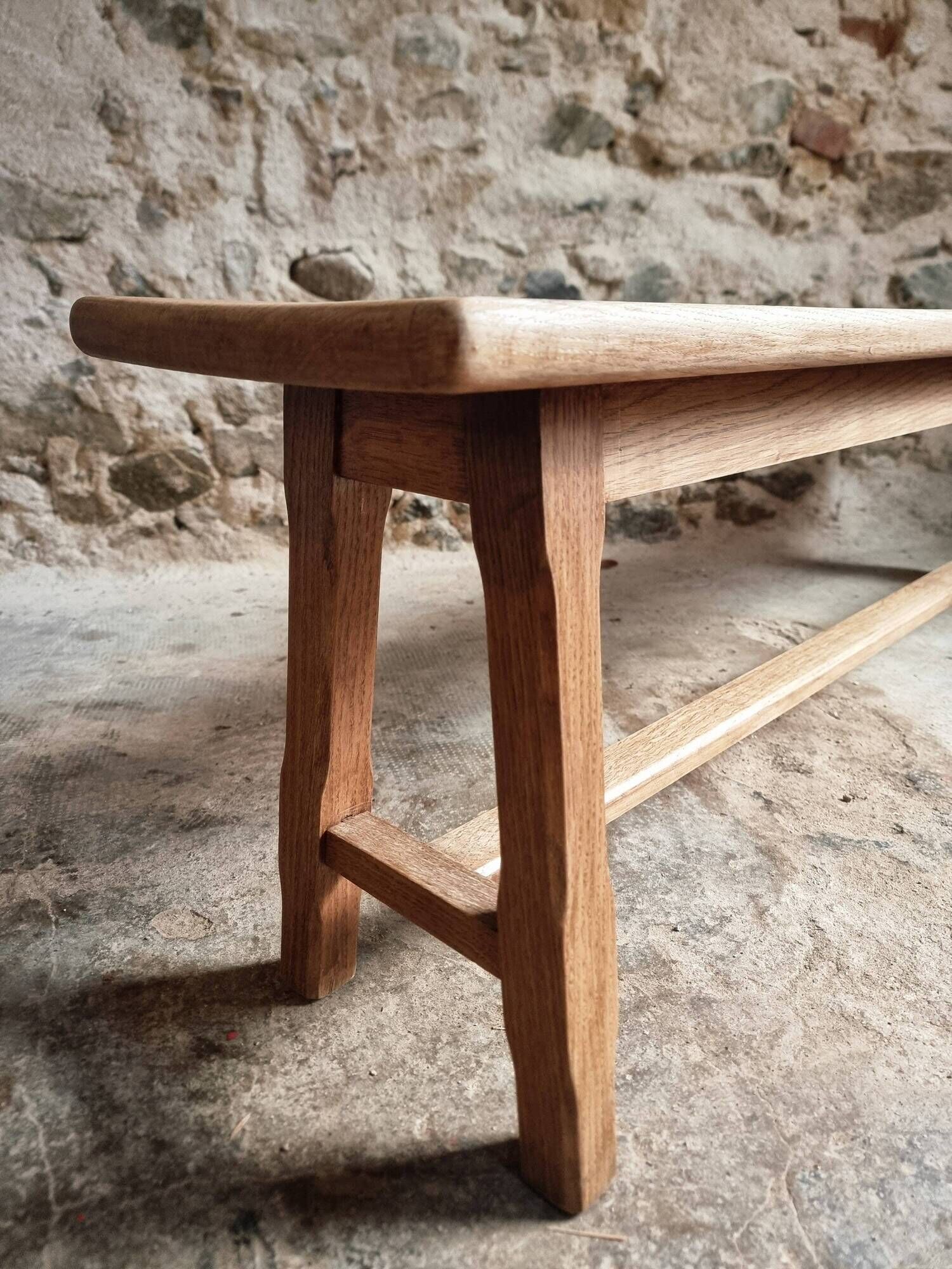 Vintage oak bench, solid wood dining bench, rustic farmhouse bench, French country style, circa 1950–1965.