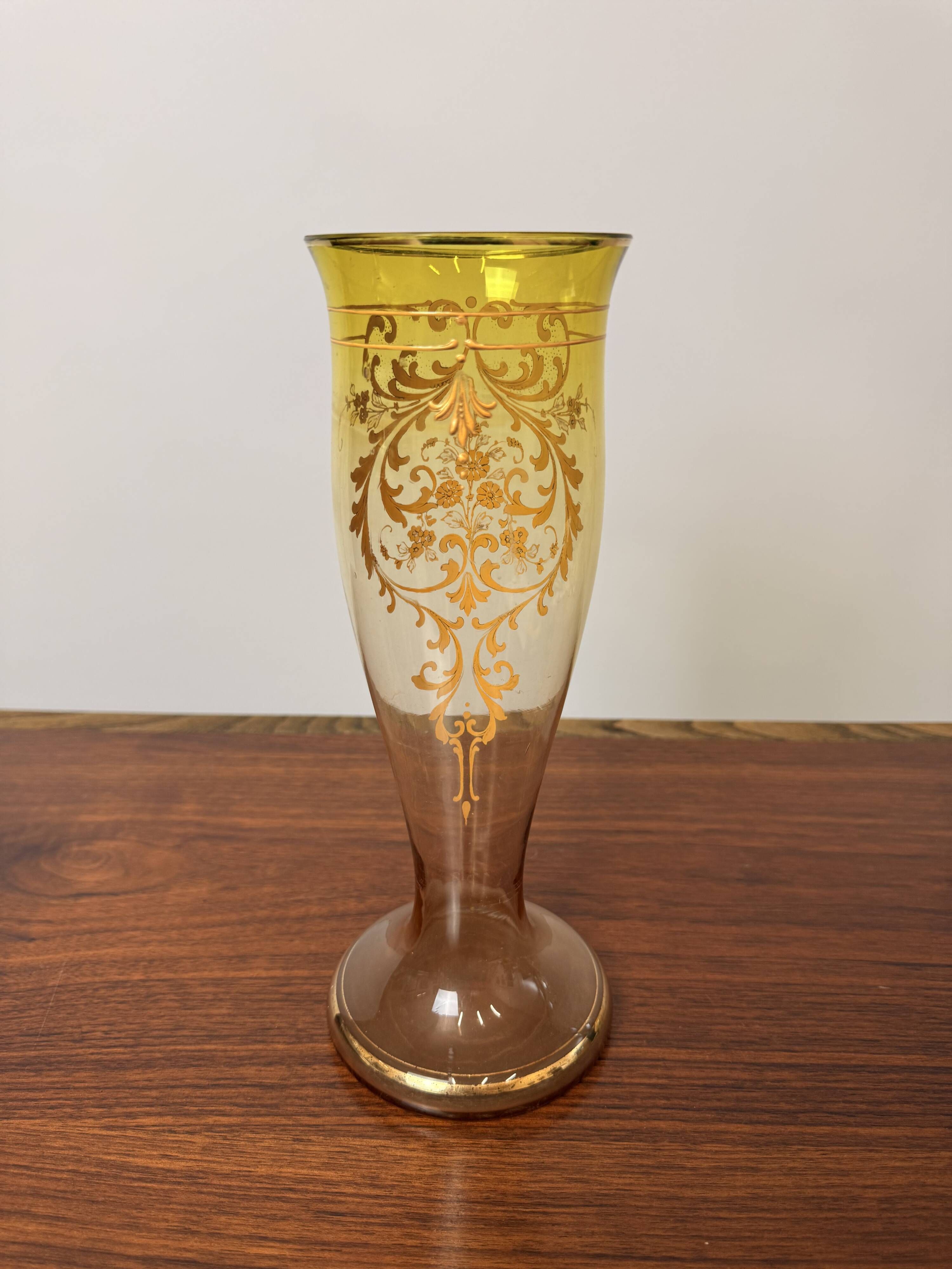 Antique legras vase in yellow glass with golden floral decoration – art nouveau