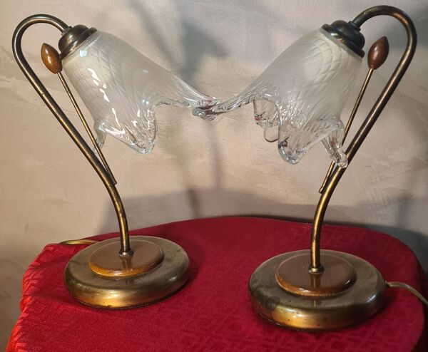 lampe de chevet laiton bois et verre 1970 a 80 ,trace d usage normal, photo