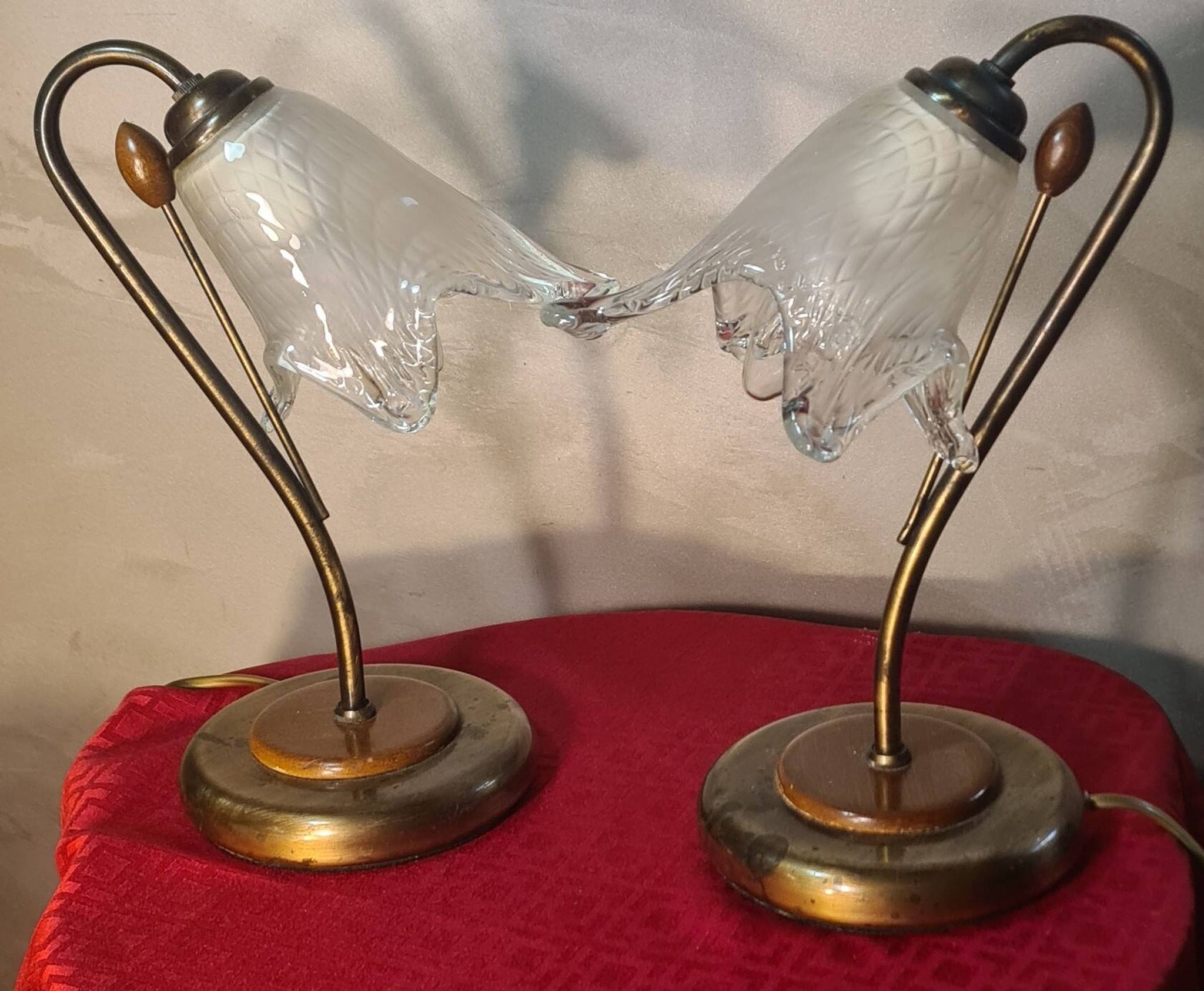 bedside lamp brass wood and glass 1970 to 80, traces of normal use, photo