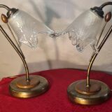 bedside lamp brass wood and glass 1970 to 80, traces of normal use, photo